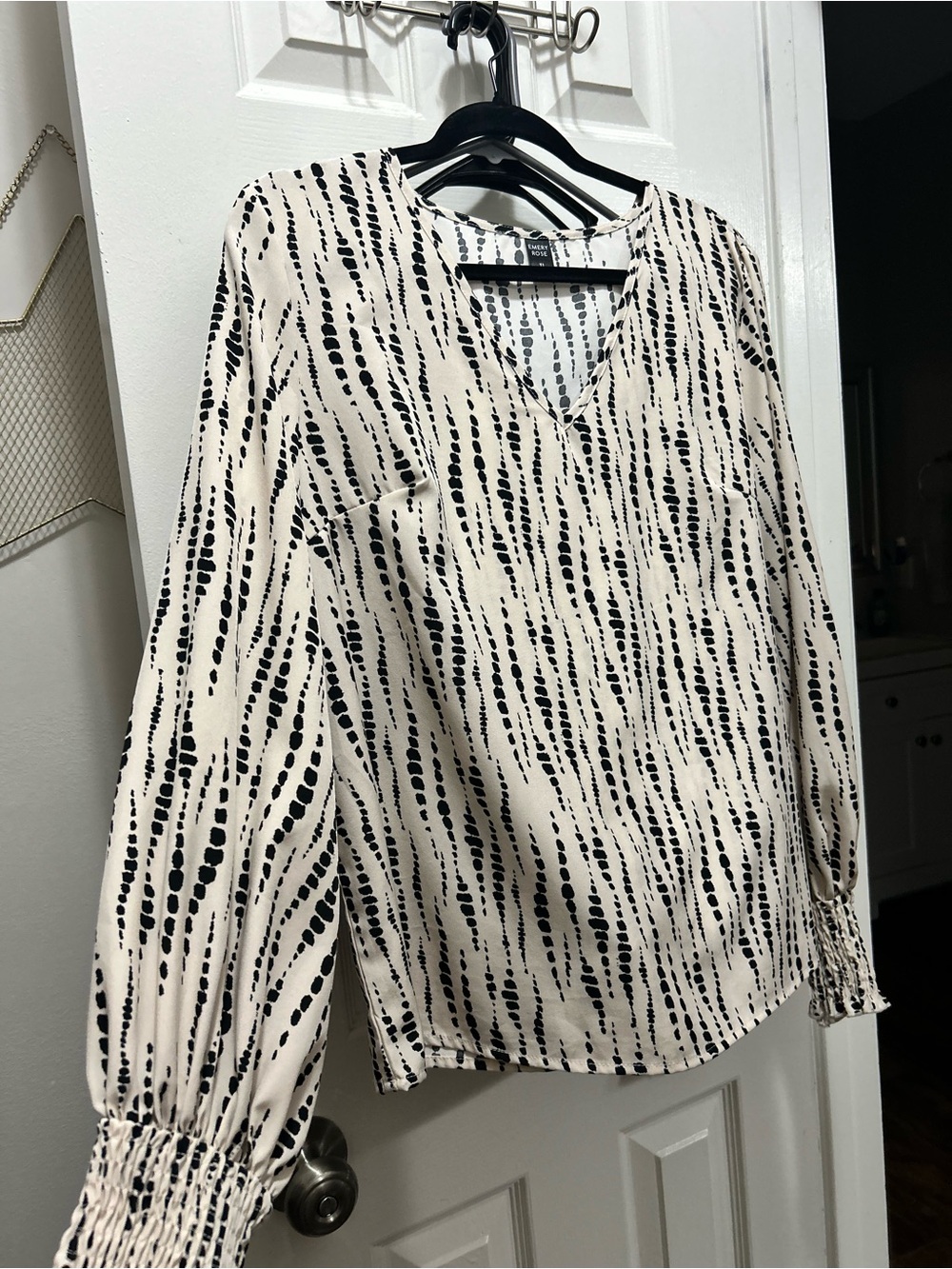 Printed V-Neck Long Sleeve Blouse - Black on Cream